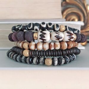 Accra Lava and Batik Bead Bracelet Stack